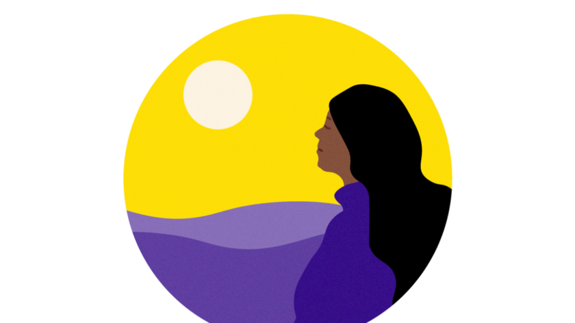 Person in a purple t-shirt looking out hopefully, on a yellow background.