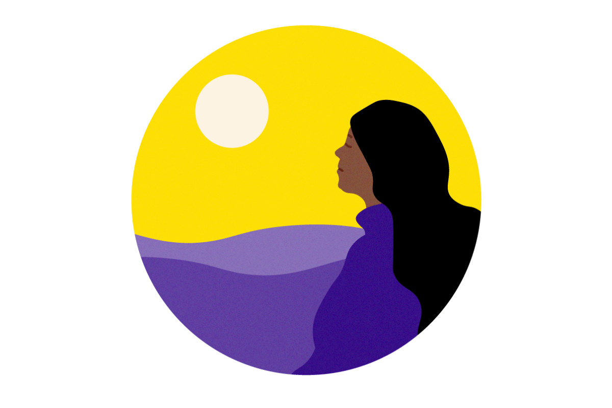 Person in a purple t-shirt looking out hopefully, on a yellow background.