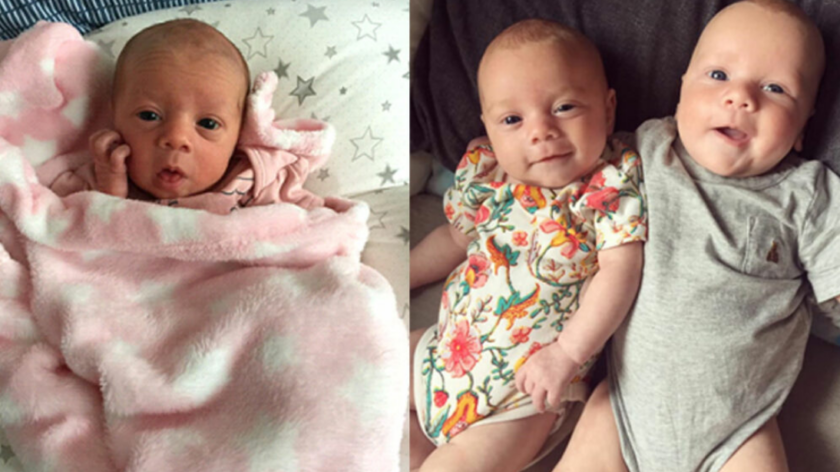 Image of baby with a pink blanket on the left, and twins on the right lying on their backs looking up at the camera.