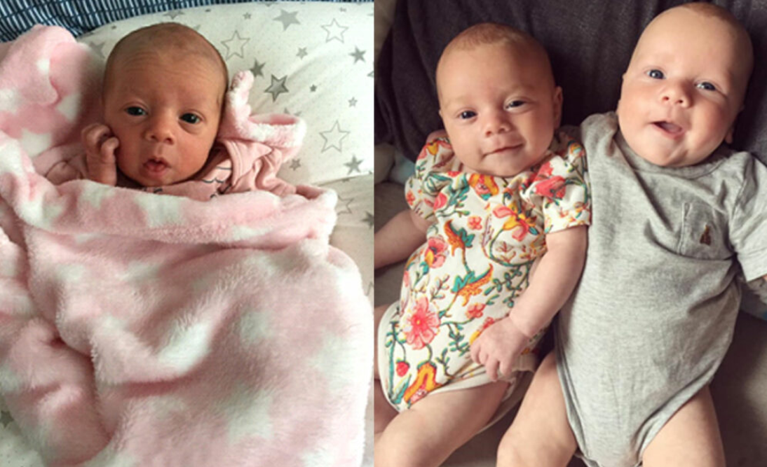 Image of baby with a pink blanket on the left, and twins on the right lying on their backs looking up at the camera.