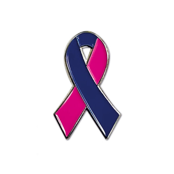 A pink and blue ribbon badge