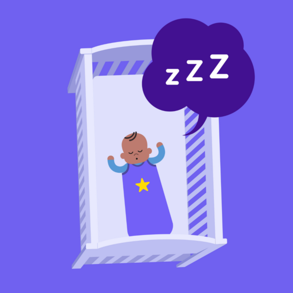 Baby in purple sleep bag asleep in cot with 'zzz' in speech bubble