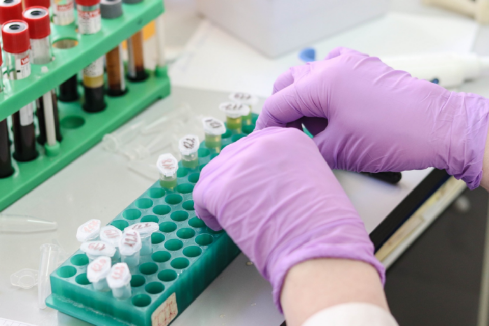 A researcher is wearing gloves and organising samples in a lab. A close-up of their hands and vials.