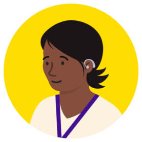 Illustration of a health professional wearing a lanyard. They have dark skin, flicking dark, short hair and a hearing aid,