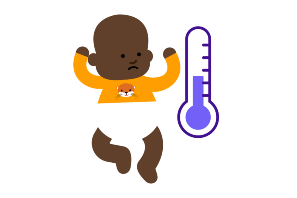 Illustration of a baby with a low temperature thermometer next to them. The baby is wearing a baby grow with an otter on it, and they have dark skin.