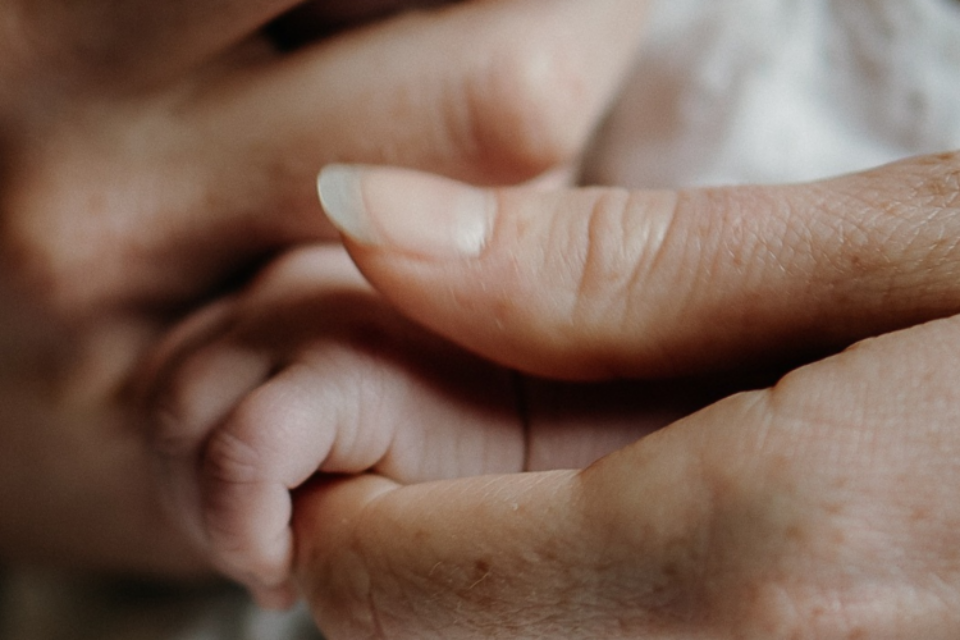 A close up of a baby's hand grasping the parent's hand