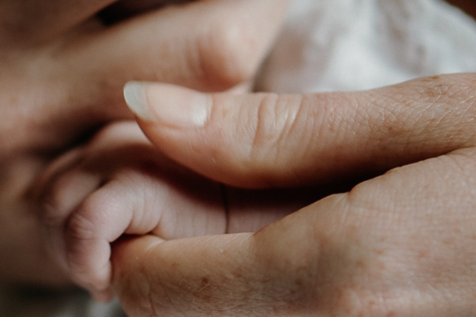A close up of a baby's hand grasping the parent's hand