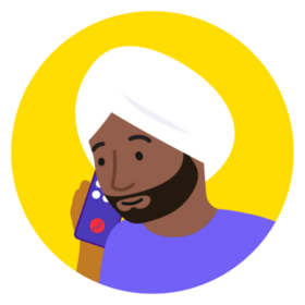 Illustration of a man on the phone. He has dark skin with a turban and a lilac top.