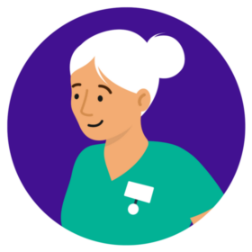 Illustration of a woman wearing a nurses' uniform. She has grey hair, tied up and a fair skin tone.