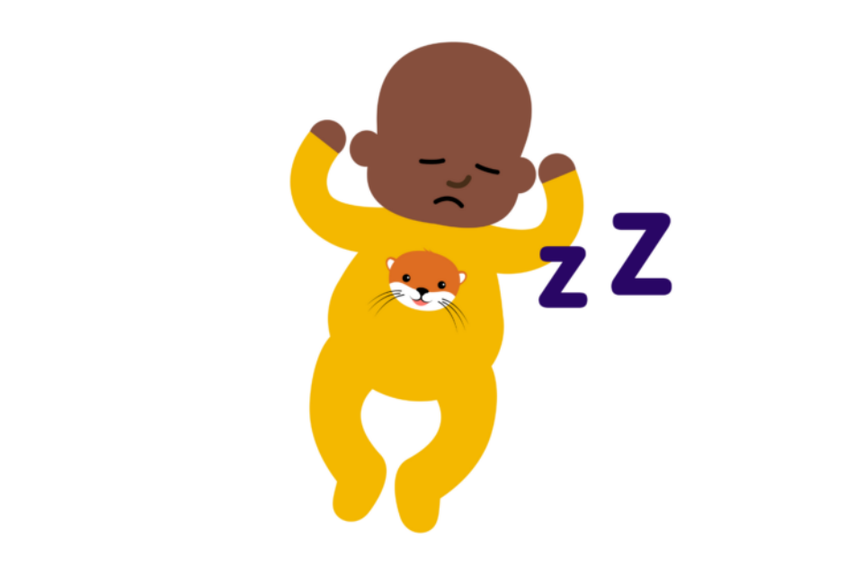 An illustration of a baby with dark skin and they are wearing a baby grow with an otter on it. They are sleeping and appear difficult to wake.