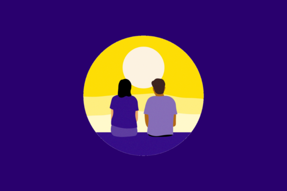 Graphic in a yellow circle of two people looking out at a yellow and bright sky. They have their backs to us.