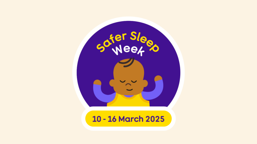 Illustration of a baby sleeping on their back and smiling slightly. Surrounded by the words 'Safer Sleep week' and a date 10 - 16 March 2025.