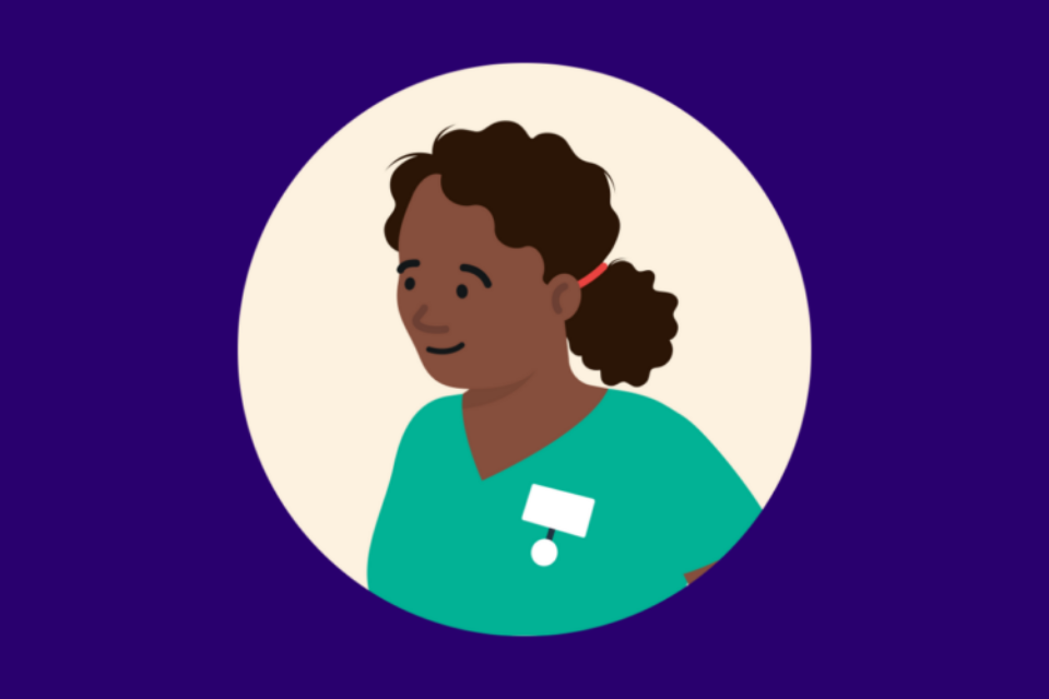 Illustration of a woman wearing scrubs and a name badge.
