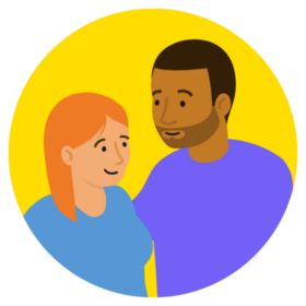 Illustration of a couple looking at one another. The man has medium skin and dark hair. The woman has light skin and strawberry blonde hair.