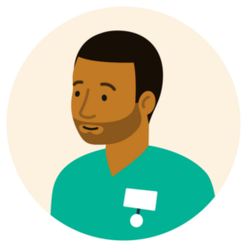 Illustration of a man wearing a nurses' uniform with a name tag. He has medium skin tone, black hair and a slight beard.
