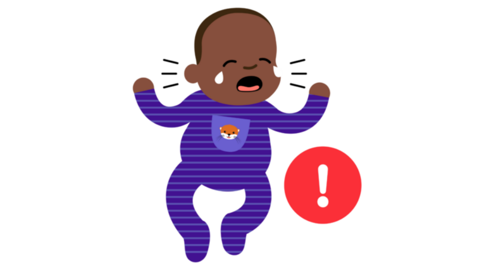 An illustration of a baby with dark skin wearing a baby grow with an otter on it. They appear to be crying unusually loudly, and an exclamation mark next to the baby suggests there is something to be concerned about.