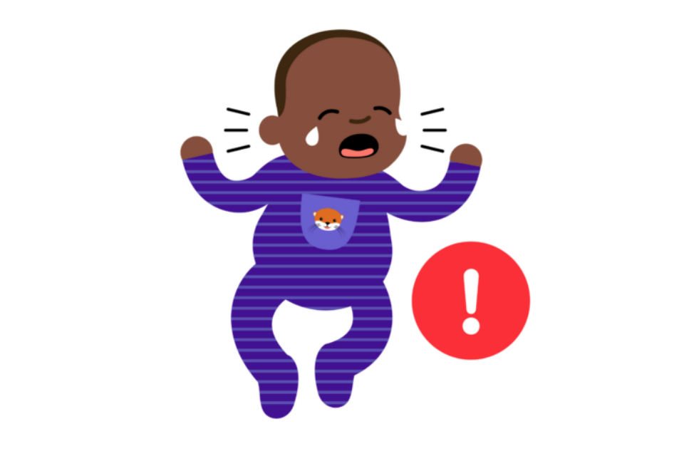 An illustration of a baby with dark skin wearing a baby grow with an otter on it. They appear to be crying unusually loudly, and an exclamation mark next to the baby suggests there is something to be concerned about.