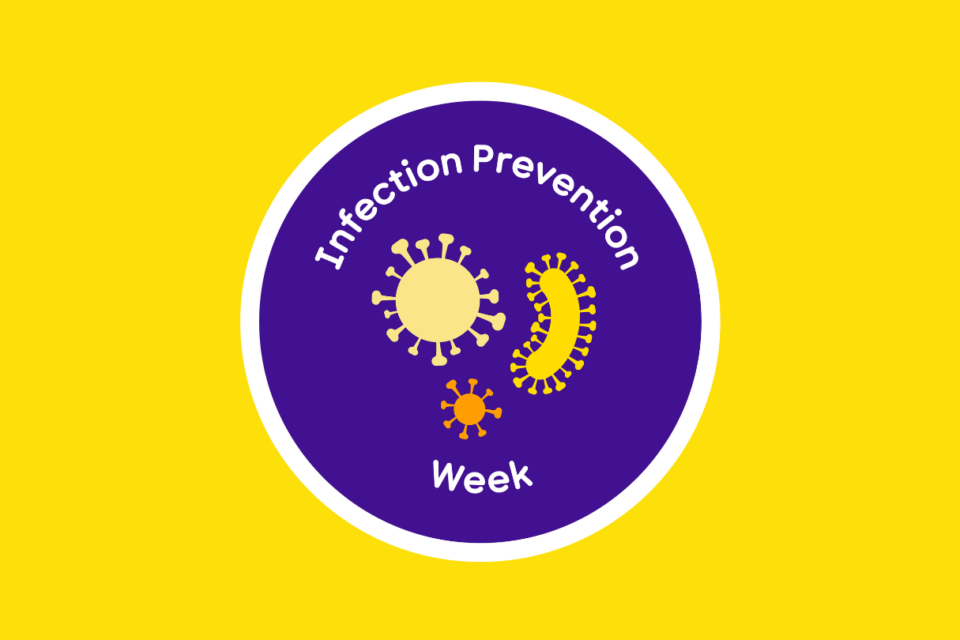 Graphic in a circle for infection prevention week. There are illustrated germs in the middle of the circle.