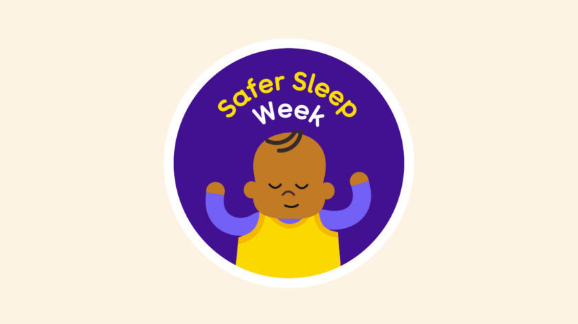 Illustration of a baby sleeping on their back and smiling slightly. Surrounded by the words 'Safer Sleep week'