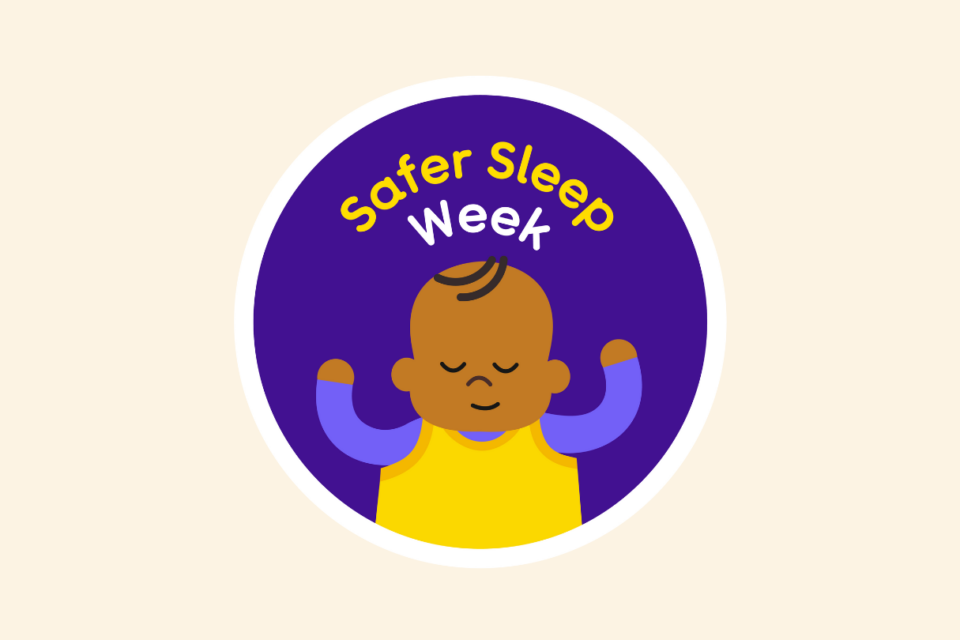 Illustration of a baby sleeping on their back and smiling slightly. Surrounded by the words 'Safer Sleep week'