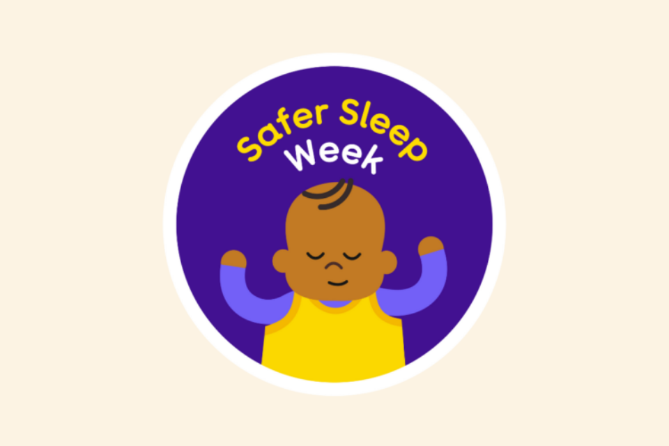 Illustration of a baby sleeping on their back and smiling slightly. Surrounded by the words 'Safer Sleep week'