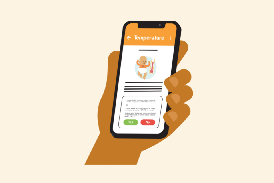 Illustration of a phone being held by a hand. It is on the Baby Check app by The Lullaby Trust.