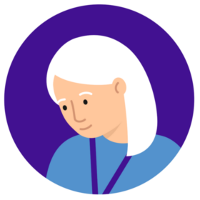 Illustration of a woman wearing blue uniform and a purple lanyard. The woman has grey hair and eyebrows.