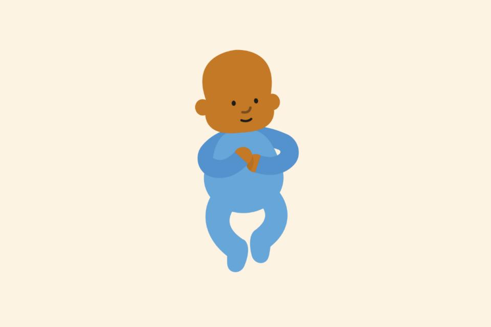 Illustration of a baby wearing blue, with eyes open and smiling.