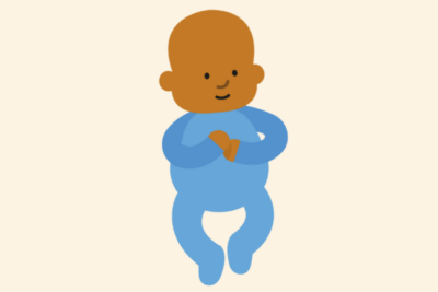 Illustration of a baby wearing blue, with eyes open and smiling.