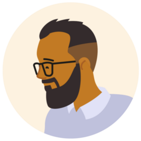 Illustration of a man with dark, shaved hair and wearing glasses. He has a pale blue uniform on.