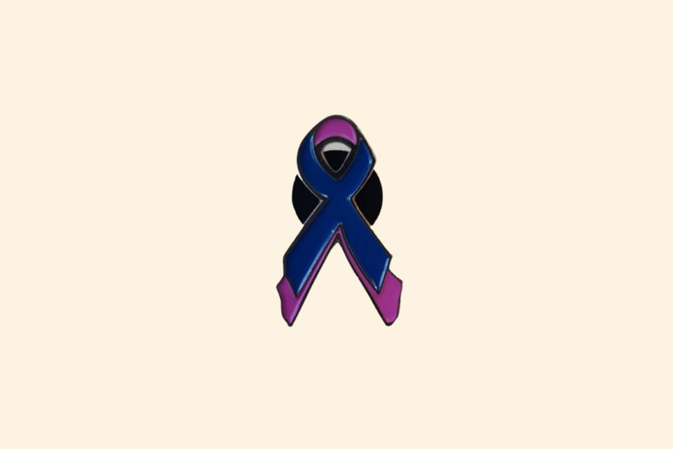 Baby Loss Awareness pin badge, a ribbon with blue and pink detail.