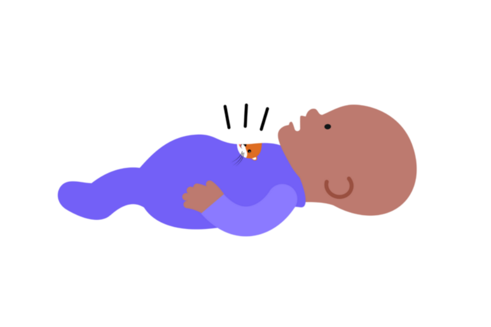 An illustration of a baby laying on their back. They wear a baby grow with an otter on there. They have fair skin and they appear to be coughing or wheezing.