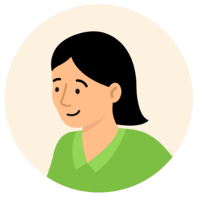 An illustration of a woman wearing green uniform. She has fair skin and black hair.