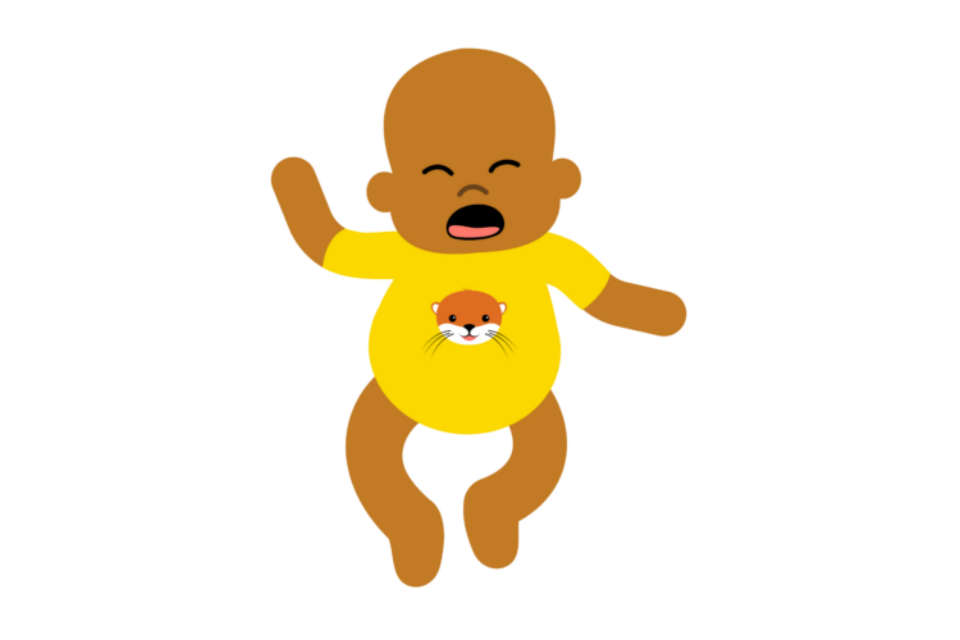An illustration of a baby that appears to be in discomfort or coughing. They are wearing a yellow baby grow with an otter on the front.
