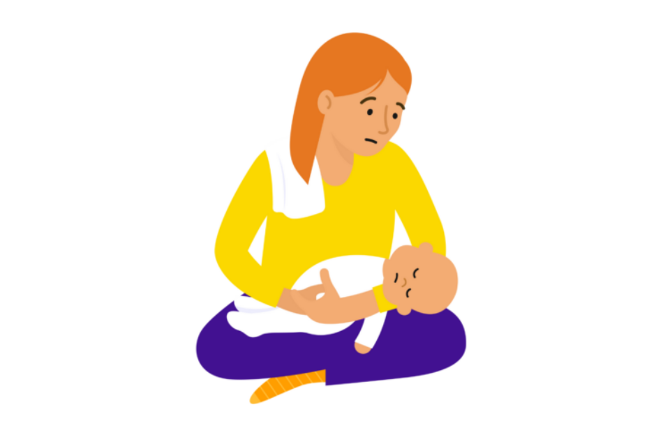 An illustration of a mum holding her baby, who appears to be unwell as they look unusually floppy.