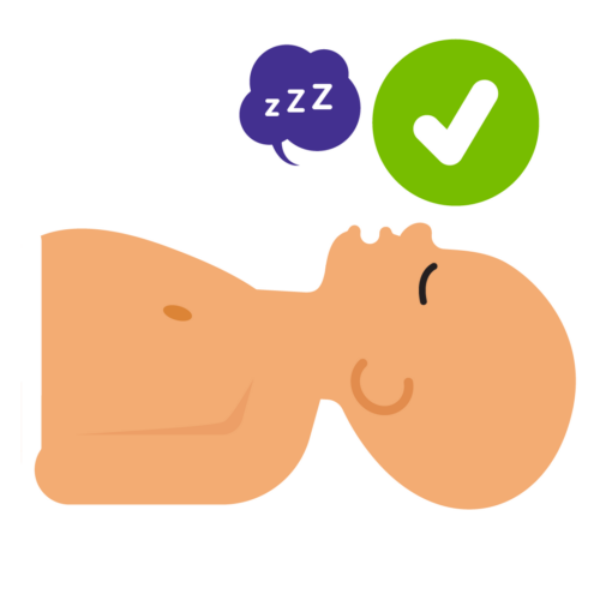 Illustration depicting baby laying on their back in a safer sleeping position. The illustration shows that their airway, ability to breathe, is open. Marked with a tick.