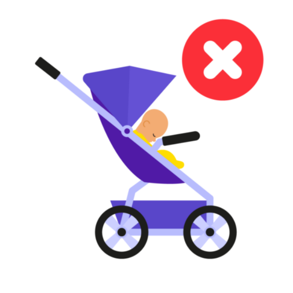 Illustration of a baby in a pram. Their head is tilting forward which is causing their airways to close. There is a cross to indicate it is unsafe.