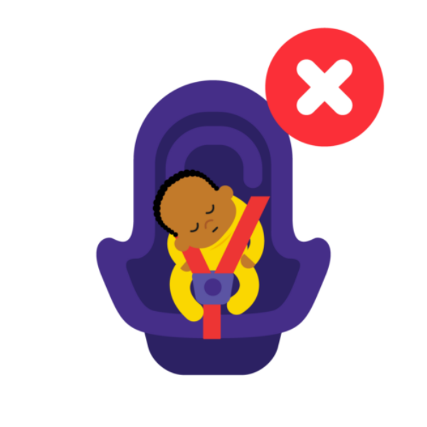 An illustration depicting a baby sleeping in a car seat. There is a cross to indicate it is unsafe, as the baby's head is tilted with their head on their chest which could block their airways.