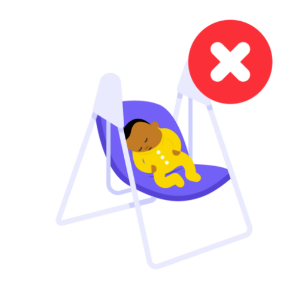 An illustrated baby is sleeping in a swing but there is a cross to indicate it is unsafe. The baby's head is tilted onto their chest, which suggests their airways (ability to breathe) is at risk.