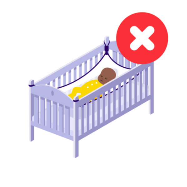 An illustrated baby is in a cot and within the cot is a hammock. There is a cross to indicate this is unsafe for the baby. This is because their head appears to be tilting onto their chest, which can cause their airways, ability to breathe, to become blocked.
