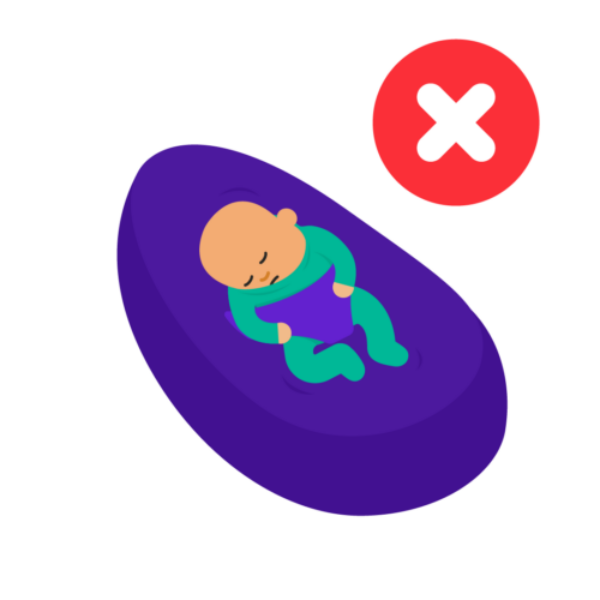 An illustrated baby is sleeping in a pod, but there is a cross to indicate it is unsafe. The baby's head is tilting onto their chin which might suggest their airways, ability to breathe, is restricted.
