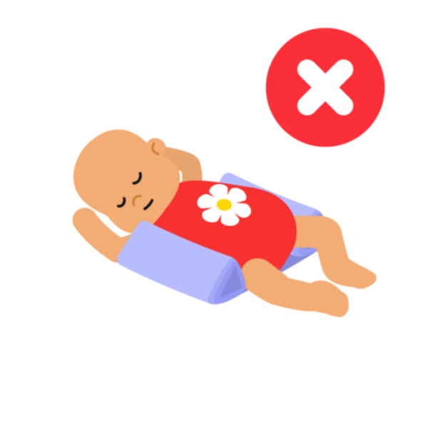 An illustrated baby is surrounded by sleep positioners, and there is a cross to indicate it is unsafe. The baby's head is tilting towards their chest, which might suggest their airways, ability to breathe, is compromised.