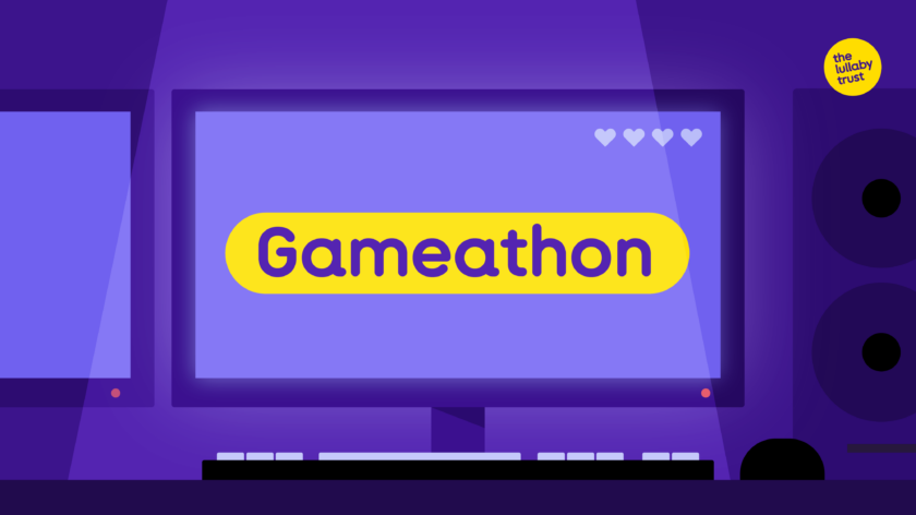Animated image of computer with words 'gameathon' on the screen