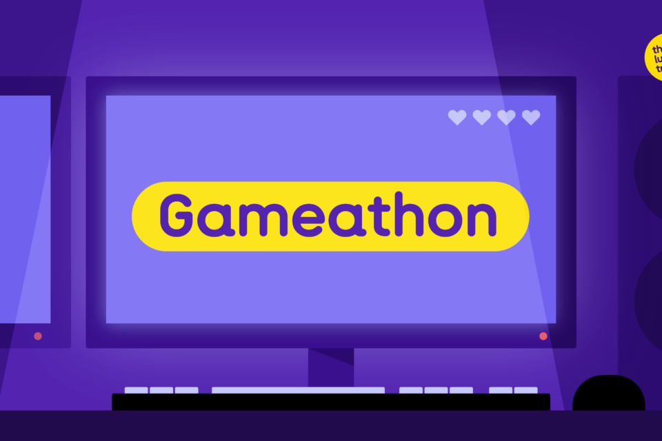 Animated image of computer with words 'gameathon' on the screen