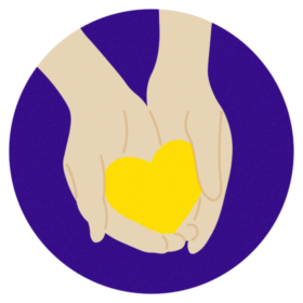 Hands holding a yellow heart on a purple background.