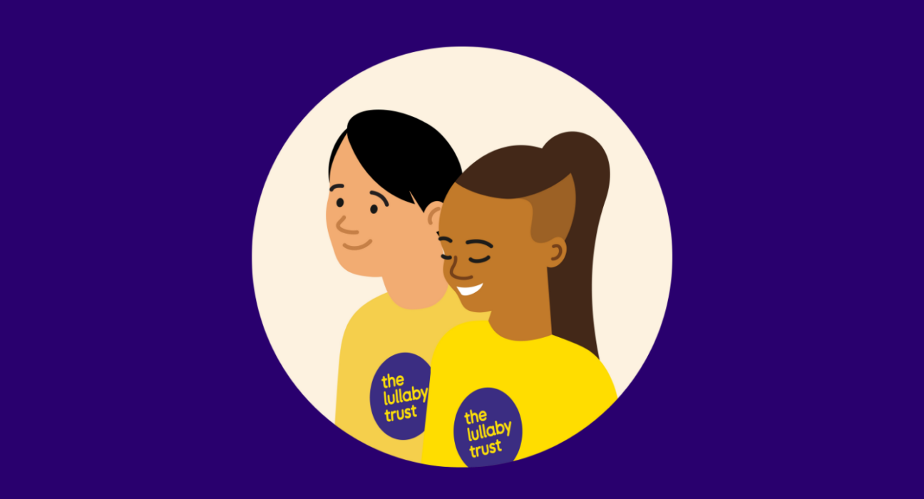 Illustration of two people wearing The Lullaby Trust t-shirts. They are both smiling.