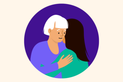 Two people hugging as a sign of support, within a purple circle on a cream background.