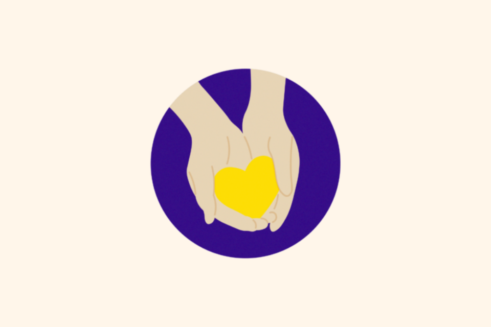 Hand holding yellow heart, on a purple circle over a cream background.