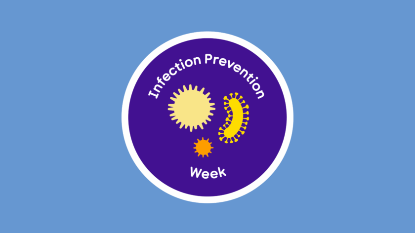 Graphic in a circle for infection prevention week. There are illustrated germs in the middle of the circle.
