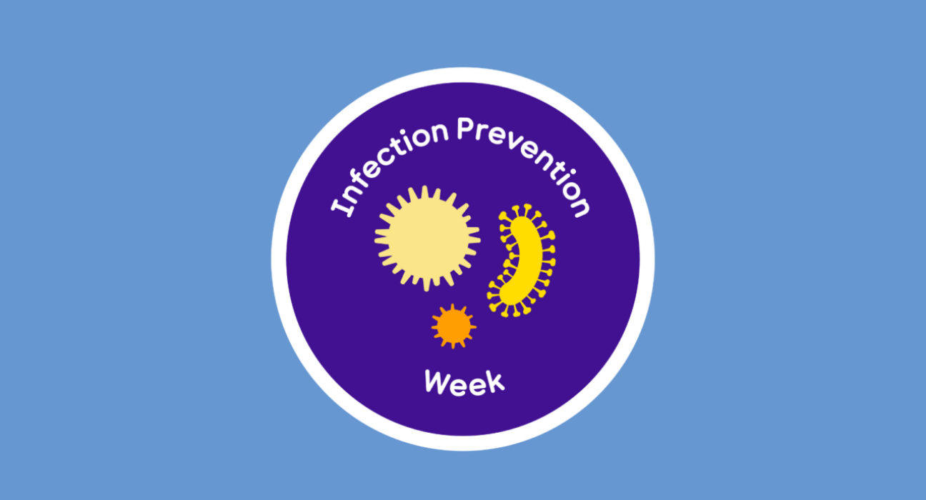 Graphic in a circle for infection prevention week. There are illustrated germs in the middle of the circle.